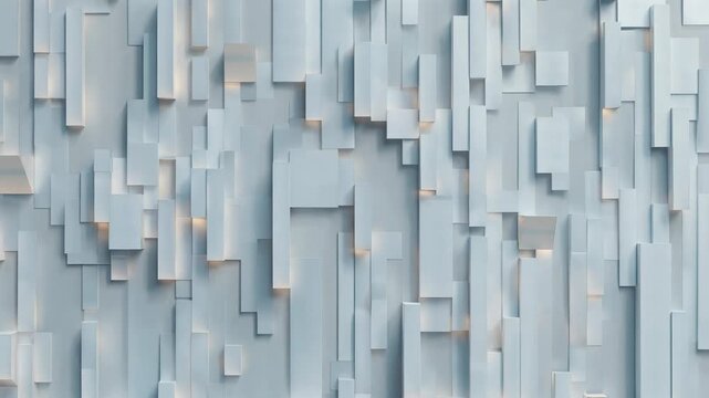 A minimalist 3D abstract wall showcases a dynamic pattern of rectangles.