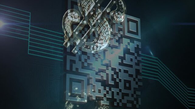 Ornament descending on chain striking teal QR code, fragments scattering, creating shimmering glow