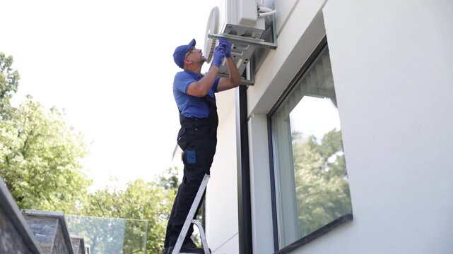 Repairman fixing AC outdoor unit.