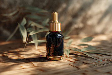 Mysterious bottle with dark liquid resting among fallen autumn leaves and twigs.