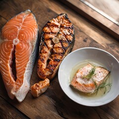 Salmon A type of fish often cooked in various ways such as grill