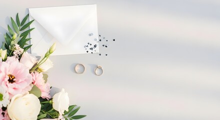 Wedding invitation card with flowers and jewelry on white background