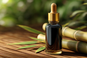 Essential oil bottle surrounded by dried herbs and natural materials