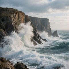 Turbulent Ocean Swells Hitting Steep Cliffs White Foam Spraying