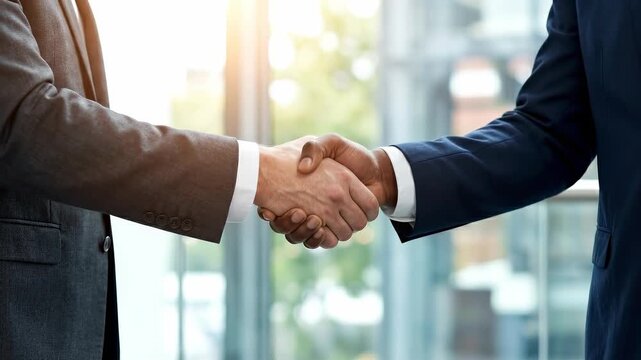 Woman and man shaking hands in an office setting. Business partnership agreement and greeting. Multiracial collaboration and professional interaction.