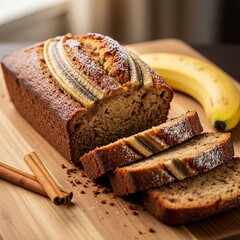 A moist loaf made from mashed bananas flour and cinnamon baked u