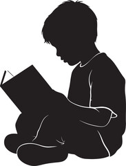 Black silhouette of a child sitting cross-legged reading a book also transparent background