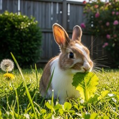 A rabbit gently nibbles on fresh greens in the backyard enjoying