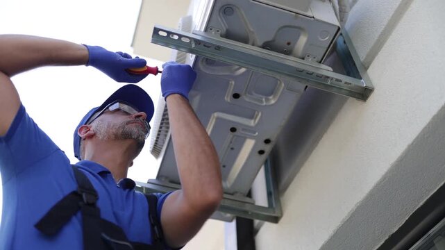 Repairman fixing AC outdoor unit.