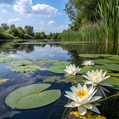 A summer scene with a pond and lilies