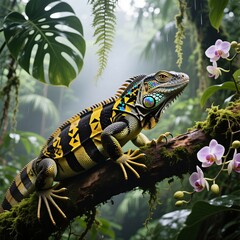A tegu iguana with vivid markings perched amidst tropical plants
