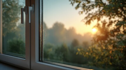Fototapeta premium Sunrise view through a window with condensation overlooking a misty garden at dawn