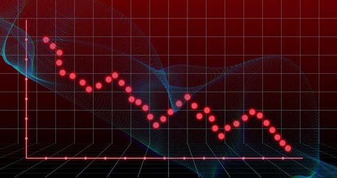 On data pulse, glowing red points descending, forming jagged line to represent falling market trend