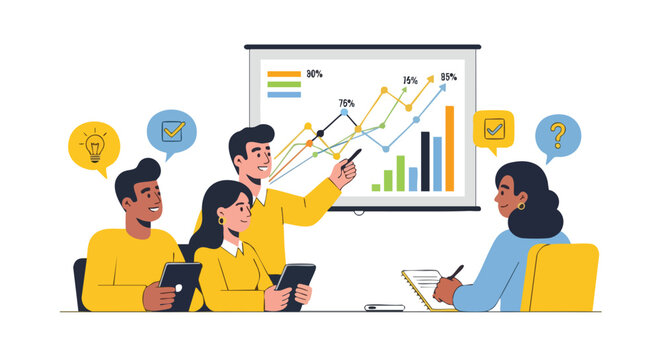 Collaborative Team Analyzing Successful Market Growth Projections and Strategic Performance Review in a Dynamic Business Meeting