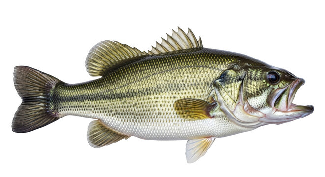 Largemouth bass fish PNG isolated on transparent background, freshwater game fish with green and white scales for fishing and wildlife designs