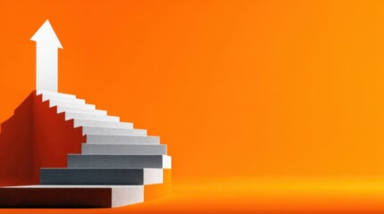 Obraz premium White spiral staircase with an upward pointing arrow on a vibrant orange background, representing success, progress, and growth.