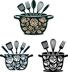 Black and white illustrations of pots with kitchen utensils and floral designs