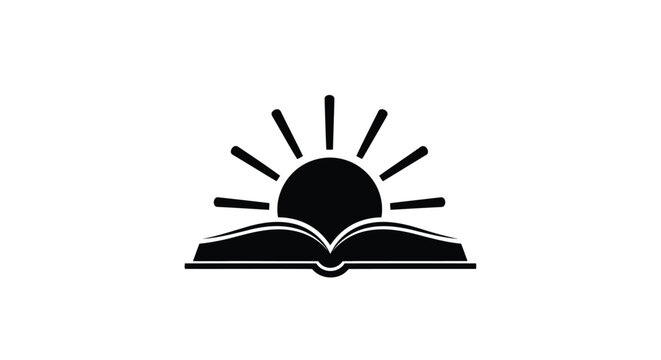 Minimalist black icon of an open book with a sun rising behind it, symbol, logo, flat design