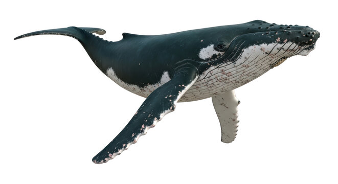 Humpback whale PNG isolated on transparent background, marine mammal with distinctive long pectoral fins for wildlife and educational use
