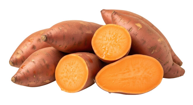 Pile of sweet potatoes PNG isolated on transparent background, raw yams with orange flesh for healthy eating and cooking