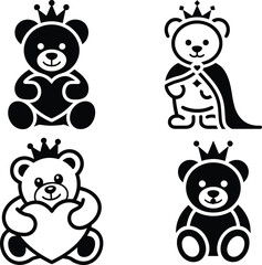 Black and white teddy bear silhouettes with crowns and heart