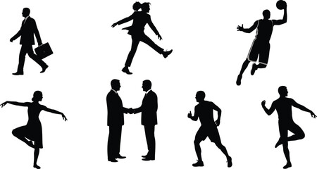 Obraz premium Silhouette people walking, business briefcase, jumping pose, basketball dunk, ballerina dancer, handshake greeting, running athlete, lifestyle vector, design bundle, stock art