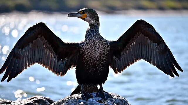 Black cormorant bird on rock water.