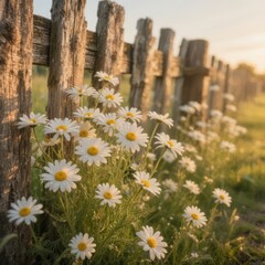 Daisy on a Wooden Fence A scene with daisies growing along a rus