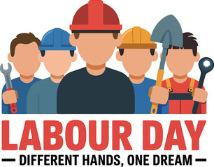 Labour day with five workers and tools construction hard hats