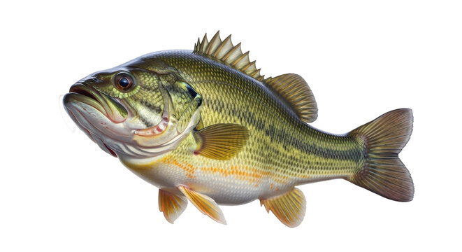 Largemouth bass fish PNG isolated on transparent background, freshwater game fish with green and black markings for fishing and wildlife themes