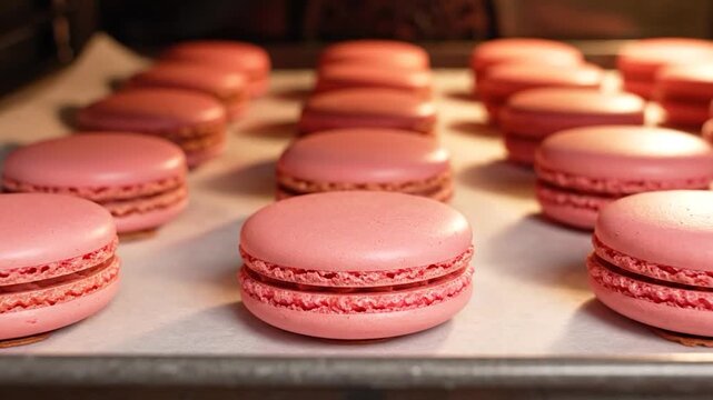Rows of freshly baked pink macarons cooling on a baking sheet