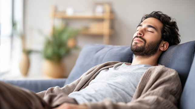 Man relaxing on sofa, finding comfort and peaceful repose, deeply sleeping at home, enjoying quiet leisure time
