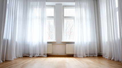 Fototapeta premium Empty room with bright window light and sheer white curtains, creating a soft, serene, tranquil atmosphere