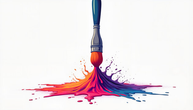 paintbrush splashing vibrant colors creating an abstract design against a white background symbolizing creativity and artistic expression, with copy space