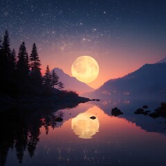 Moon night landscape with glowing full moon over mountain lake image