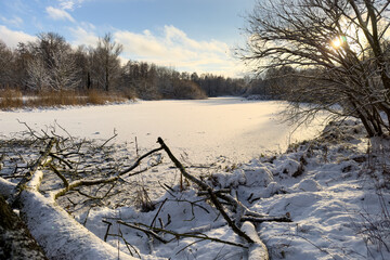 Idyllic winter landscape at Aussenmuehlenteich with snow-covered frozen lake and sun rays in Hamburg, Germany