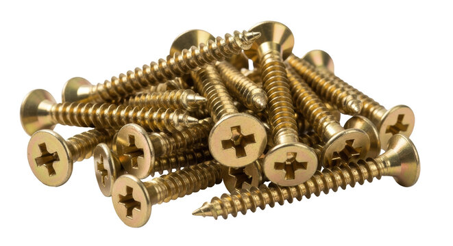 Pile of golden Phillips head screws isolated PNG, fasteners for woodworking and construction projects on transparent background