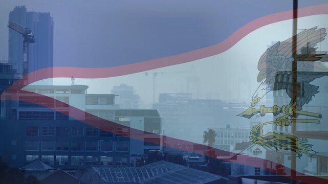 Wind causing veiled triangle flag rippling over hazy skyline, crest shifting right, emblem pulsing