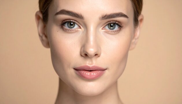 Portrait of a fair-skinned woman with green eyes and neutral makeup on a beige background