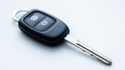 Modern car key with remote control showing lock and unlock buttons, isolated on a clean white background