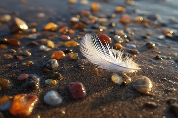 A delicate seashell resting among colorful beach pebbles and sand near the shore