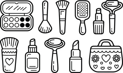 Collection of various makeup and beauty products in a line art style