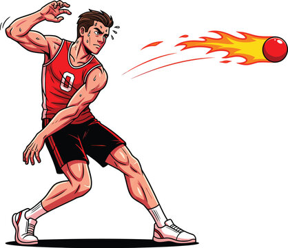 Athletic man in a red jersey and black shorts throwing a powerful flaming red ball.