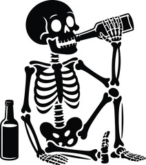 A skeleton sitting and drinking from a bottle with another bottle nearby