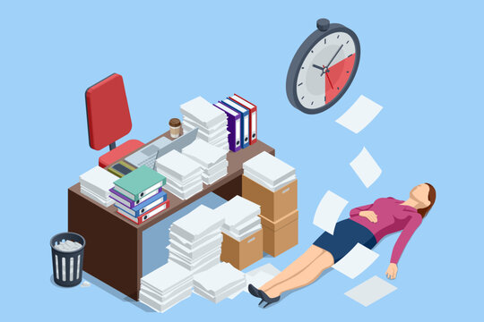 Isometric office worker overwhelmed by task and report. Deadline panic and burnout concept. Strict deadline and office stress. Time management and deadline workload