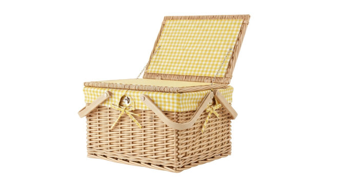 Wicker picnic basket with yellow gingham lining isolated PNG, traditional hamper for outdoor dining and summer events on transparent background