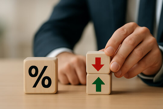 Interest Rate Adjustment Concept with Businessman Arranging Up and Down Arrow Blocks