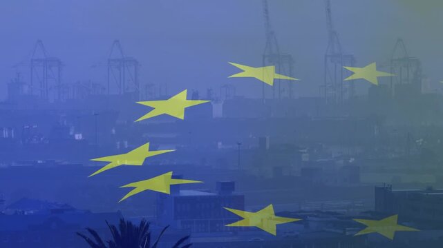 Translucent blue flag layer starting frame one, sliding rightward, thinning, revealing port cranes