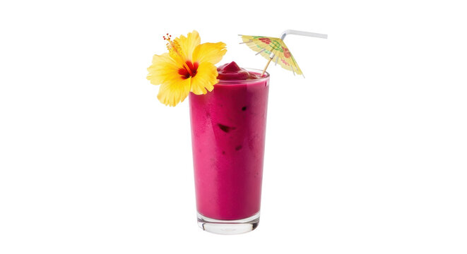 Pink smoothie in glass isolated PNG, garnished with yellow hibiscus flower and paper umbrella, tropical drink for summer