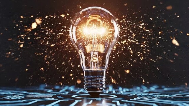 A glowing lightbulb sparks creativity in a dark room with a futuristic ambiance in this